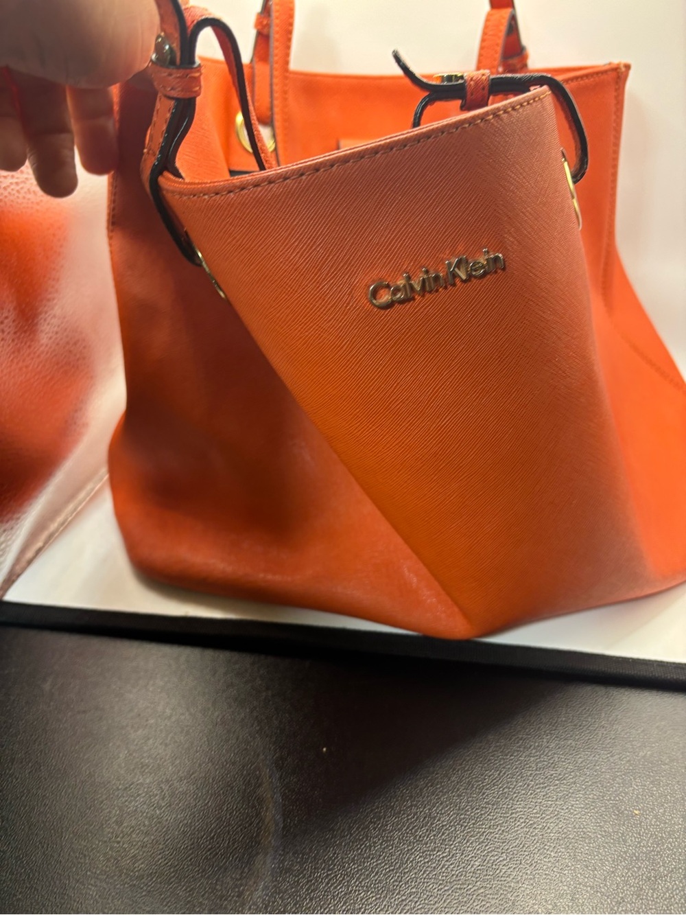 Calvin Klein Orange Saffiano Tote with Gold Logo